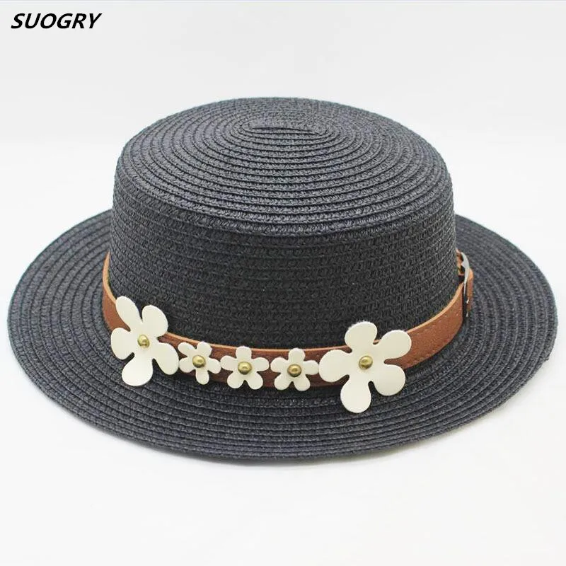 

New Lady Boater sun caps Ribbon Round Flat Top Straw beach hat Panama Hat summer hats for women straw hat snapback gorras