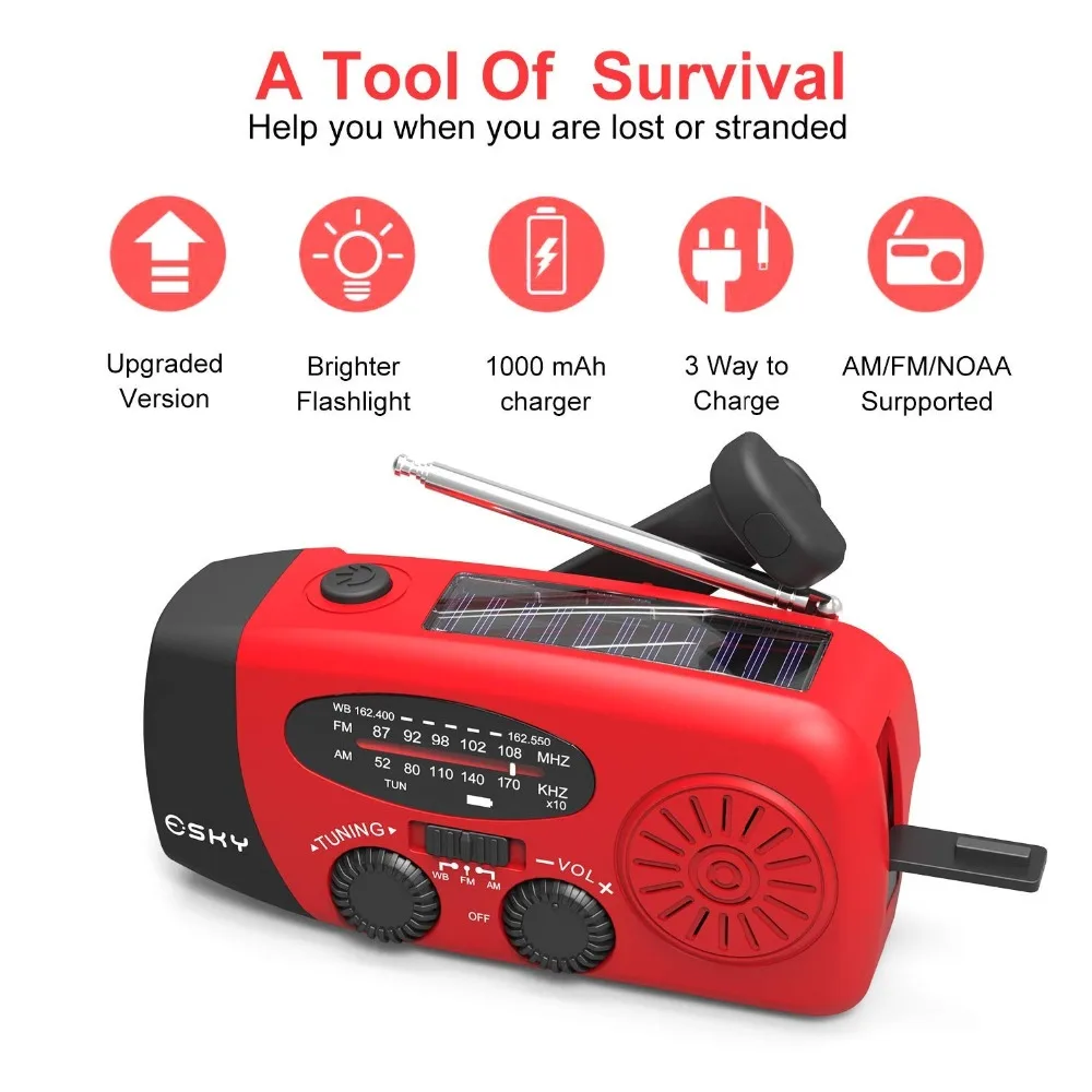 Portable Emergency FM Radio 1000mAh Power Bank Hand Crank Self Powered AM/FM/NOAA Solar Radios with 3 LED Flashlight
Portable Emergency FM Radio 1000mAh Power Bank Hand Crank Self Powered AM/FM/NOAA Solar Radios with 3 LED Flashlight