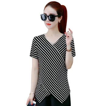 Women Short Sleeve T-shirt V-neck Striped Slim Fit Summer Tops Irregular Hem -MX8
Women Short Sleeve T-shirt V-neck Striped Slim Fit Summer Tops Irregular Hem -MX8
