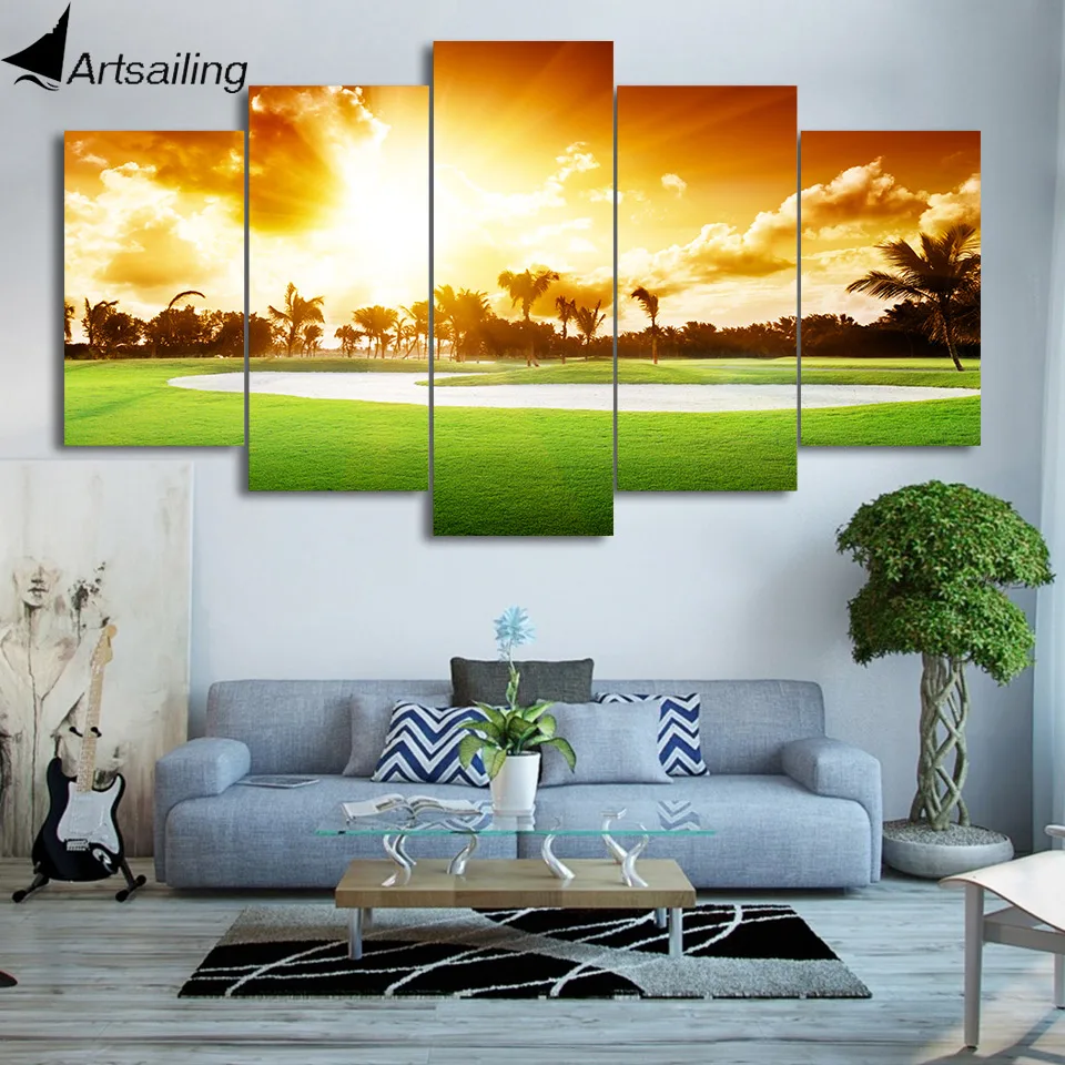 HD Printed 5 Piece Canvas Art Golf Course Painting Sunset Wall Pictures Decor Framed Modular Free Shipping CU-2093B | Дом и сад
