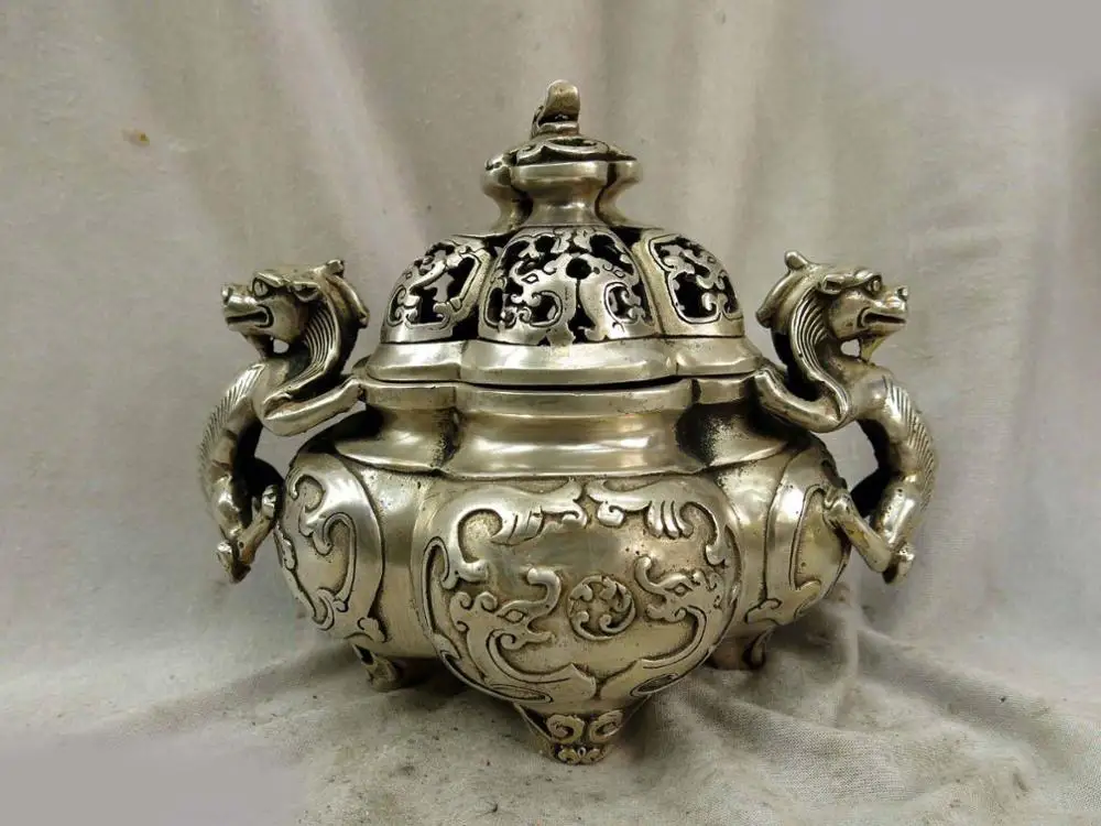 DS 6" China silver carved censer fine many dragon incense burner Sculpture Statue
DS 6" China silver carved censer fine many dragon incense burner Sculpture Statue