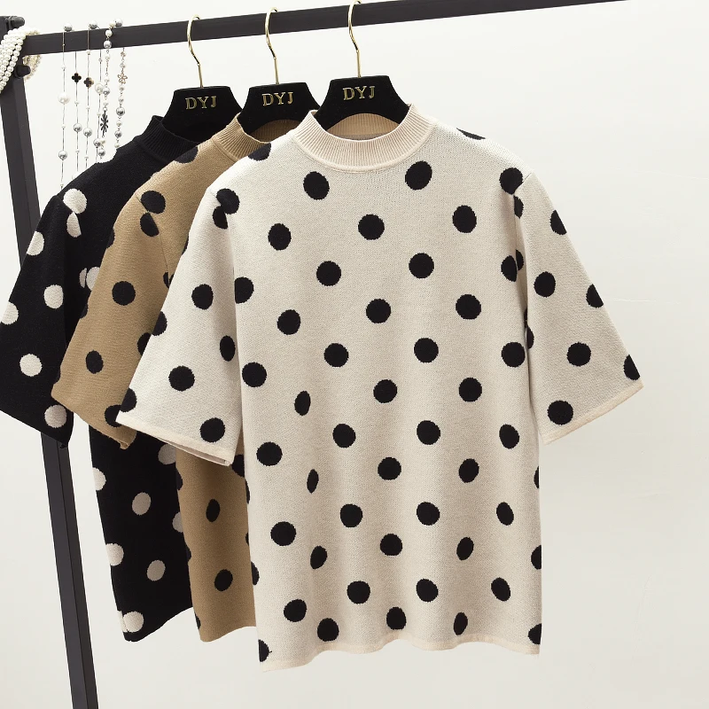 Women Summer Thin Half Turtleneck Black White Dot Print Knitted Sweater Tops T Shirt Femme Short Sleeve Kintwear Tees Pullovers
Women Summer Thin Half Turtleneck Black White Dot Print Knitted Sweater Tops T Shirt Femme Short Sleeve Kintwear Tees Pullovers