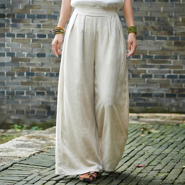 LZJN 2019 Spring Summer Culottes Pants Vintage Cotton Linen Pants Loose Full Length Trousers Women Wide Leg Pants White 3 Colors (17)