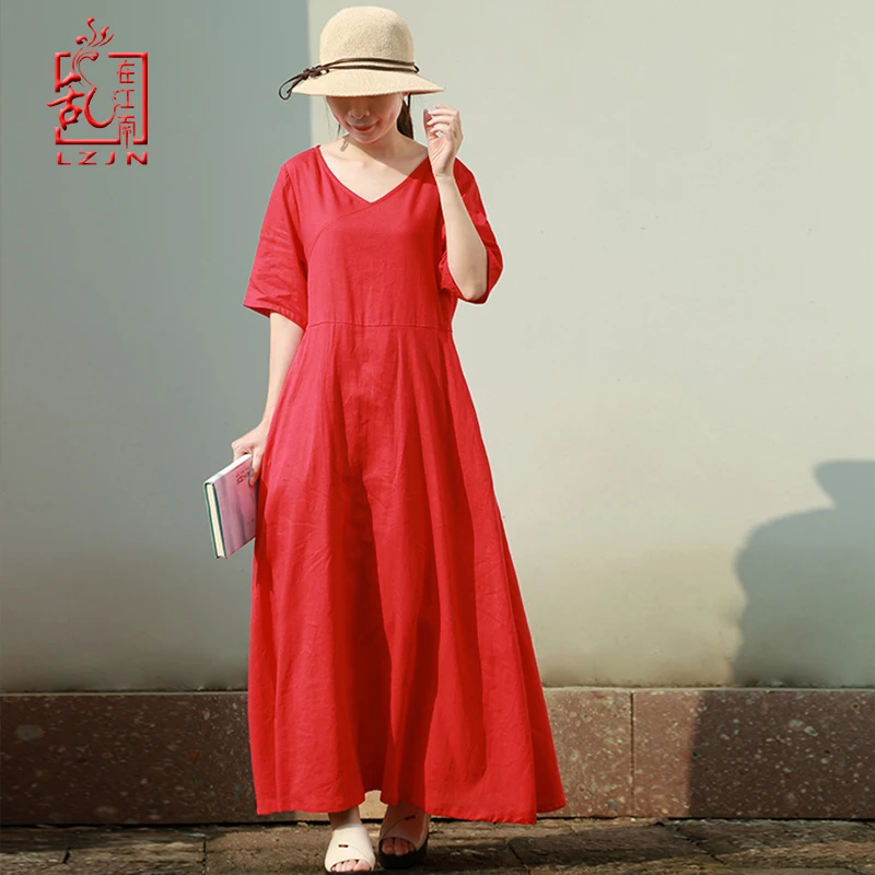 

LZJN 2019 New Summer Maxi Dress Women Short Sleeve V Neck Robe Femme Slim Fit Cotton Linen Red Casual Tunic Dress