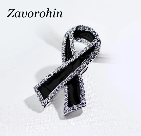 Zavorohin Rhinestone Crystal Cancer Awareness Black Ribbon Brooch Pin For Women To Prevent Breast Brooches | Украшения и