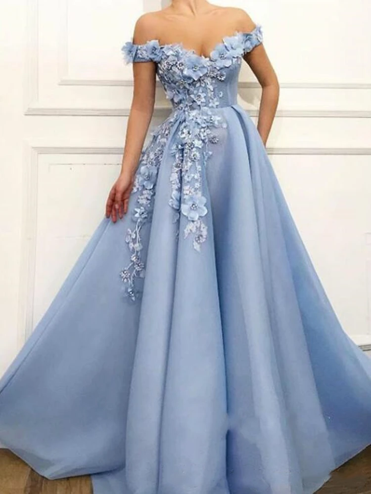 Light Sky Blue Long Prom Dresses Lace 3D Floral Appliqued Pearls Evening Gowns Off The Shoulder A Line Tulle Summer Party Dress
Light Sky Blue Long Prom Dresses Lace 3D Floral Appliqued Pearls Evening Gowns Off The Shoulder A Line Tulle Summer Party Dress