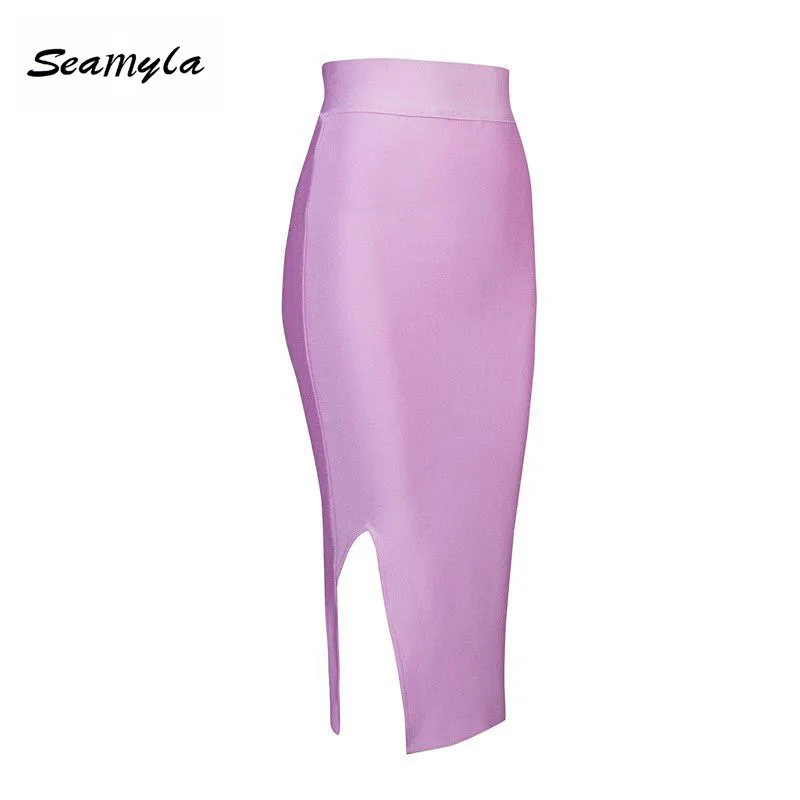 Image newest yellow pink gree blue nude black summer wome skirts fasion split bodycon bandage skirt sexy pencil skirt wholesale