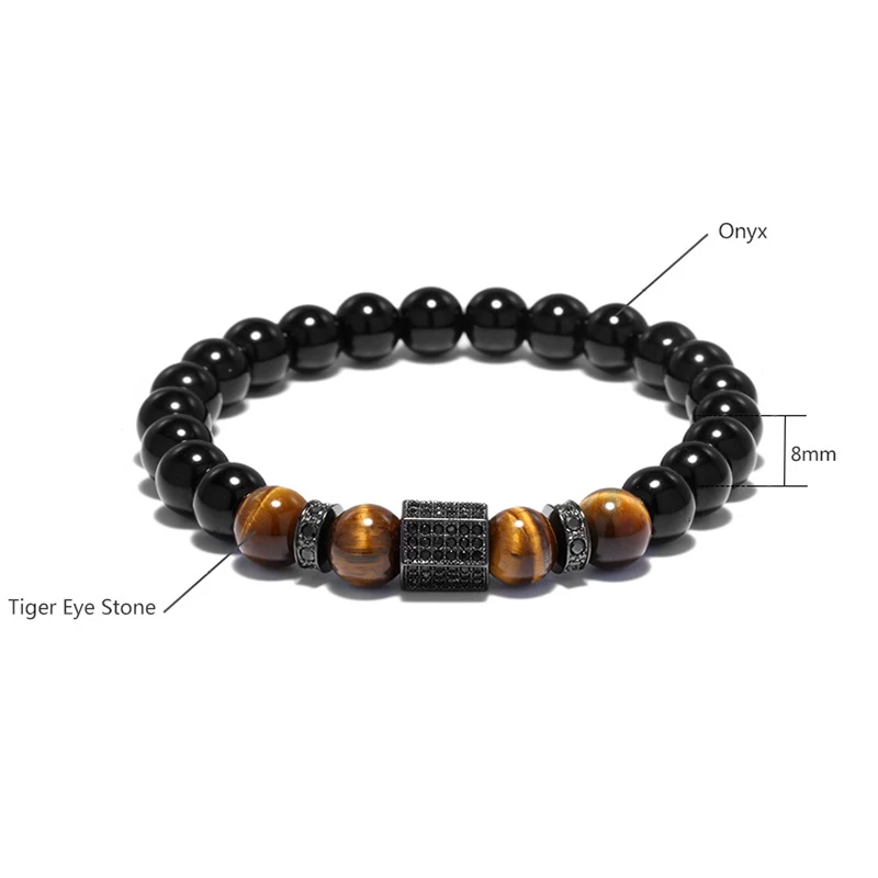 Bracelet à breloques pavé pour hommes, perles en pierre naturelle hexagonale CZ noires, bijoux 5