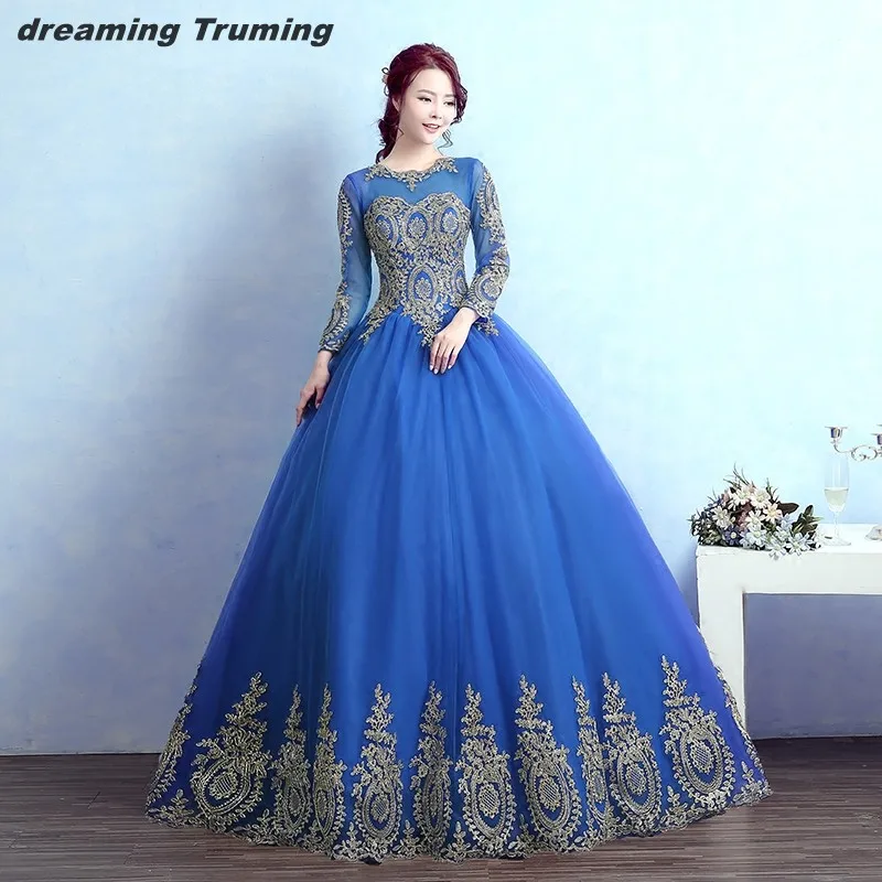 Romantic Long Sleeve Quinceanera Dresses Gold Appliques Royal Blue Princess Ball Gown Sweet Sixteen Party Pageant Prom Gowns
Romantic Long Sleeve Quinceanera Dresses Gold Appliques Royal Blue Princess Ball Gown Sweet Sixteen Party Pageant Prom Gowns