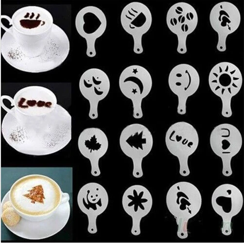 

16Pcs/set Coffee Milk Cake Cupcake Stencil Template Mold Coffee Barista Cappuccino Template Strew Pad Duster Spray Tools