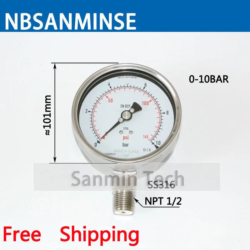 NBSANMINSE Full Stainless steel Pressure Gauge SMSS100L 100mm 4 inch 1/2 NPT Analog Display Oil Manometer for Hydraulic system 
NBSANMINSE Full Stainless steel Pressure Gauge SMSS100L 100mm 4 inch 1/2 NPT Analog Display Oil Manometer for Hydraulic system