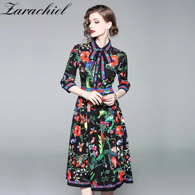Turn Down Collar Bow Dress Elegant Half Sleeve Flowers Print Knee Length Midi dress 2019 Runway High Quality Womens Dresses
Turn Down Collar Bow Dress Elegant Half Sleeve Flowers Print Knee Length Midi dress 2019 Runway High Quality Womens Dresses