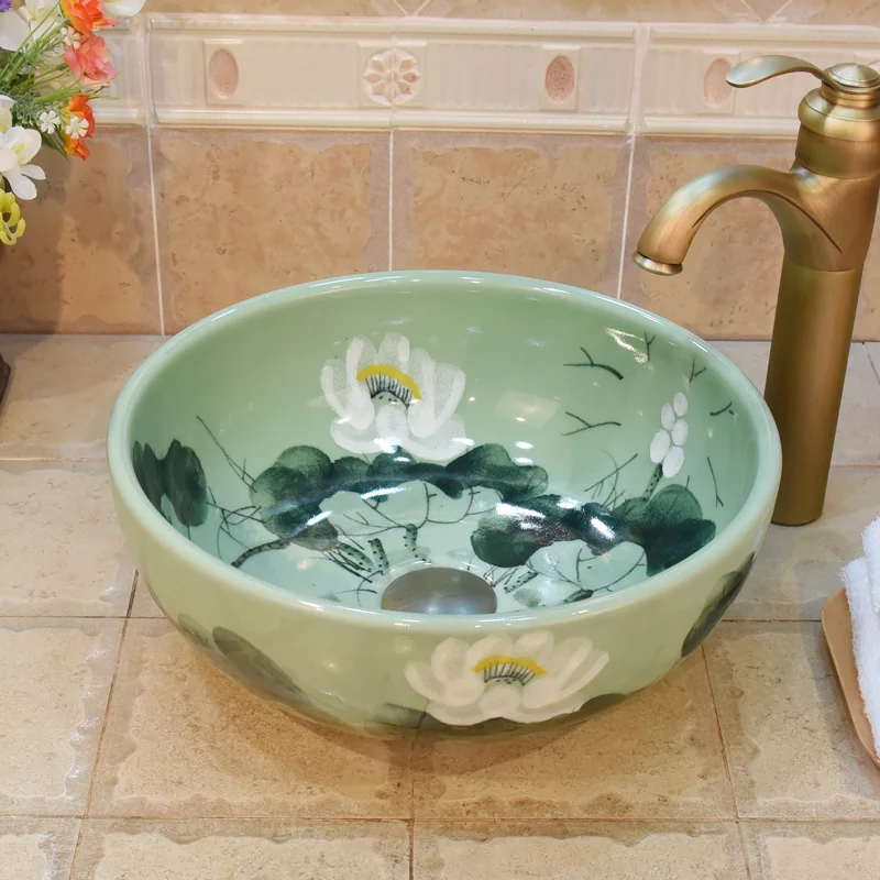 

Many design Samll size 35cm Ceramic porcelain washbasin lotus pattern bathroom sinks