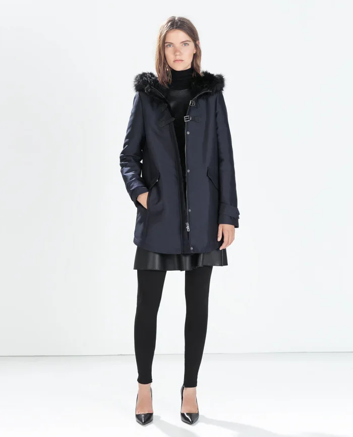 Image 100% Genuien Official Midnightblue Faux Fur Hooded Duffle Coat with Toggle Genuine ZA Coat Outerwear Top Quality Slim Wool Blend