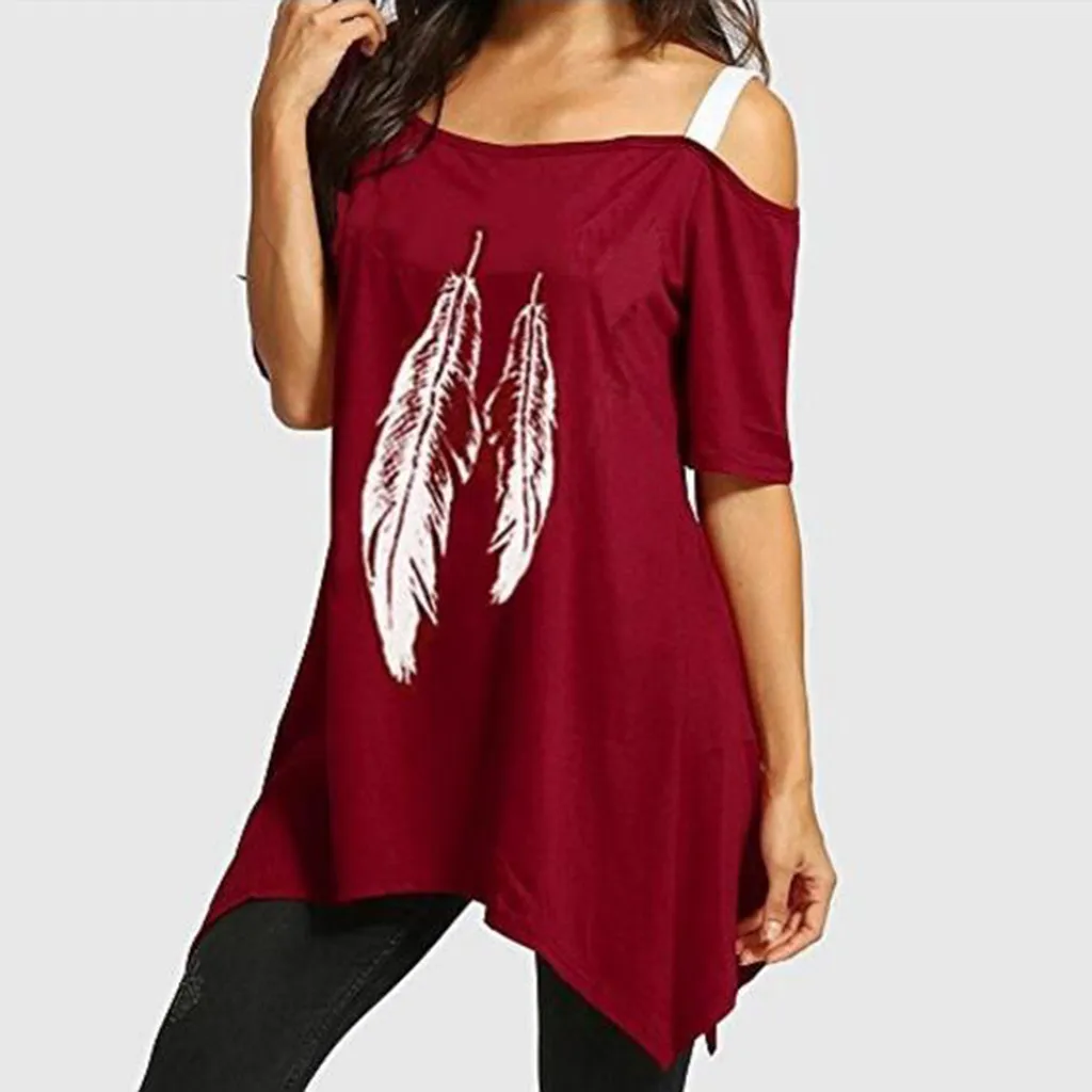 Women T Shirt Fashion Feather Print One-Shoulder Large Size Irregular Hem T-Shirt Camisetas Manga Corta Mujer Summer T Shirt
Women T Shirt Fashion Feather Print One-Shoulder Large Size Irregular Hem T-Shirt Camisetas Manga Corta Mujer Summer T Shirt