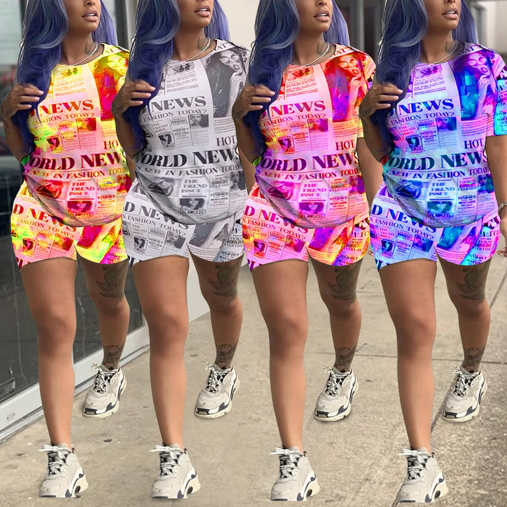 2019 Women summer short sleeve o-neck letter newspaper print t-shirt shorts suit two piece set sporty tracksuit 4 color A6217
2019 Women summer short sleeve o-neck letter newspaper print t-shirt shorts suit two piece set sporty tracksuit 4 color A6217