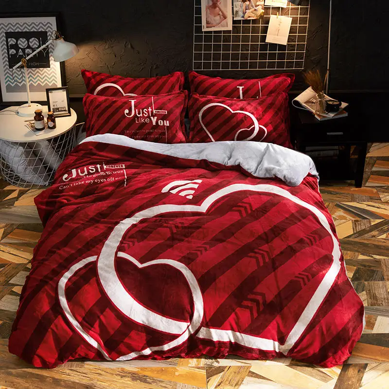 

Have mutual affinity Bedding Set Flannel Bed Set luxury Red Duvet Cover Set soft Bed Sheet Pillowcases Twin Queen size bed