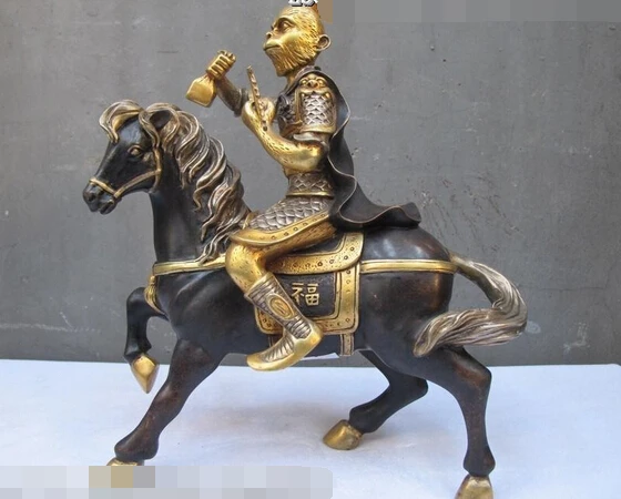 shitou 002678 10"China Pure Bronze 24K Gold Silver Animal Monkey King Ride Horse Statue