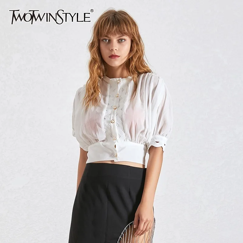 TWOTWINSTYLE Hollow Out Solid Blouse For Women O Neck Puff Sleeve Pearl Button Big Size Shirt Female Fashion Summer 2019 New
TWOTWINSTYLE Hollow Out Solid Blouse For Women O Neck Puff Sleeve Pearl Button Big Size Shirt Female Fashion Summer 2019 New