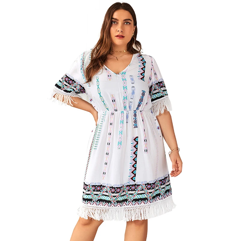 WHZHM Plus Size 3XL 4XL Tassel Dress Women Bohemian White Printed Beach Loose Casual Cotton Deep V-Neck Big Size Blue Dresses
WHZHM Plus Size 3XL 4XL Tassel Dress Women Bohemian White Printed Beach Loose Casual Cotton Deep V-Neck Big Size Blue Dresses