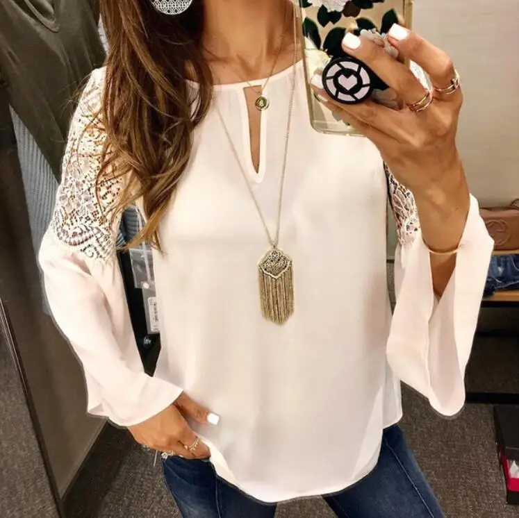 2019 Women Summer Autumn Blouse Lace Stitching Trumpet Sleeve Long Sleeve Chiffon Shirt Lady Office Shirt Tunic Plus Size S-5XL
2019 Women Summer Autumn Blouse Lace Stitching Trumpet Sleeve Long Sleeve Chiffon Shirt Lady Office Shirt Tunic Plus Size S-5XL