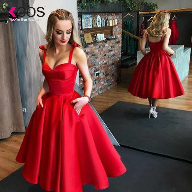 Cheap Vintage Tea Length Prom Dresses 2019 Spaghetti Straps Sweerheart With Pockets Red Satin Party Gowns Custom Made
Cheap Vintage Tea Length Prom Dresses 2019 Spaghetti Straps Sweerheart With Pockets Red Satin Party Gowns Custom Made