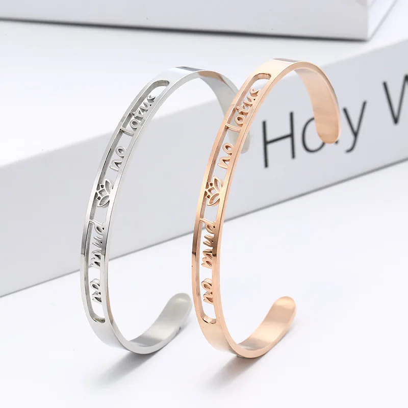 Hollow 6MM Cuff Bracelet Mantra Bracelet Stainless Steel "NO MUD NO LOTUS" Inspirational Bangle Bracelet for Women
Hollow 6MM Cuff Bracelet Mantra Bracelet Stainless Steel "NO MUD NO LOTUS" Inspirational Bangle Bracelet for Women
