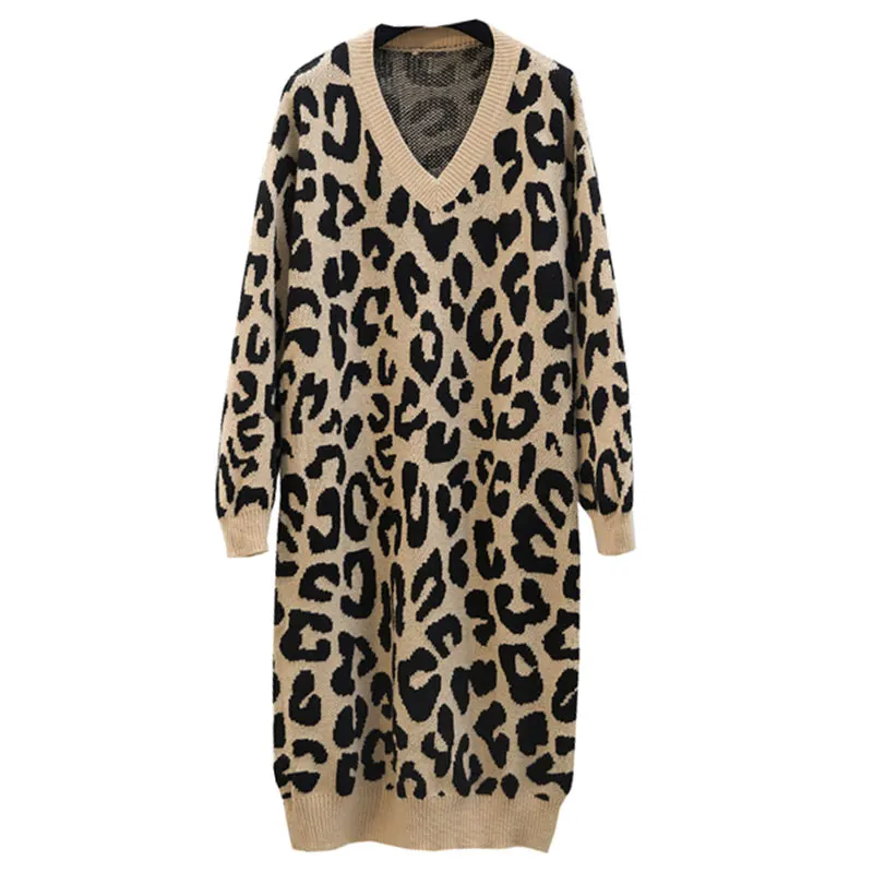 Autumn and winter long knit women's bat sleeves loose large size bottoming leopard sexy V-neck knit pullover dress AL403
Autumn and winter long knit women's bat sleeves loose large size bottoming leopard sexy V-neck knit pullover dress AL403