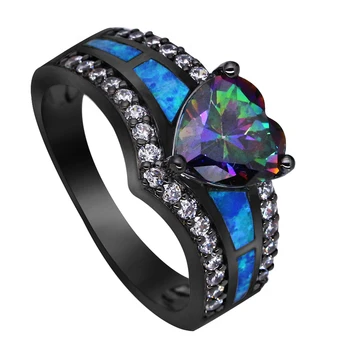 ONLINELOVE Black Plated Rainbow Green Rings for Women
