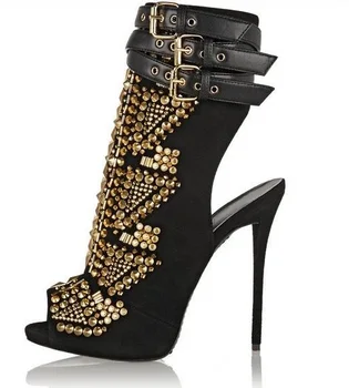 Gold Studded Ankle Boot High Heel Peep Toe Suede Three Buckle Strap Bootie Spike Heel Cut-out Gladiator Sandal Boots Woman
Gold Studded Ankle Boot High Heel Peep Toe Suede Three Buckle Strap Bootie Spike Heel Cut-out Gladiator Sandal Boots Woman