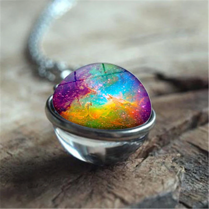 Qevila Hot Fashion Neckalces Cosmic space double-sided glass ball time gemstone Pendant Necklace galaxy nebula for women Jewelry (7)
