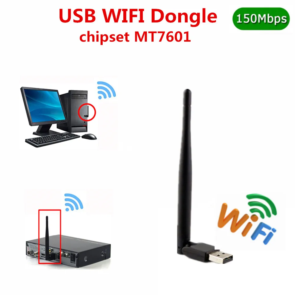 Wireless Network Card 150Mbps USB WiFi dapter MTK7601 LAN Wi-Fi Receiver Dongle 2dBi Antenna 802.11 b/g/n for DVB T2 set top box
Wireless Network Card 150Mbps USB WiFi dapter MTK7601 LAN Wi-Fi Receiver Dongle 2dBi Antenna 802.11 b/g/n for DVB T2 set top box
