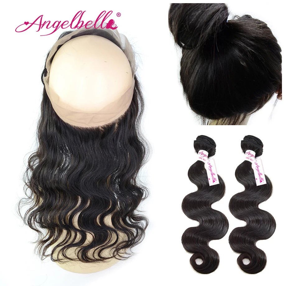 Angelbella Brazilian Body Wave Lace Frontal with Bundles Best Virgin Hair Extensions Natural Wave 360 Frontal & 2 Bundles Hair