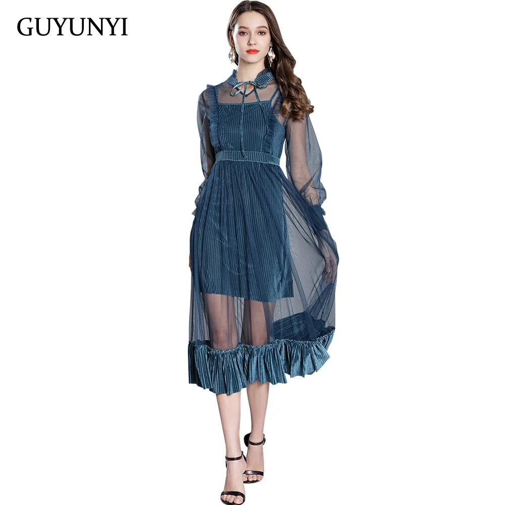 GUYUNYI New Women Vintage Velvet Splicing Mesh Dress Bow Tie Stand Collar Pure Color Elegant Party Dress Two-piece CX854
GUYUNYI New Women Vintage Velvet Splicing Mesh Dress Bow Tie Stand Collar Pure Color Elegant Party Dress Two-piece CX854
