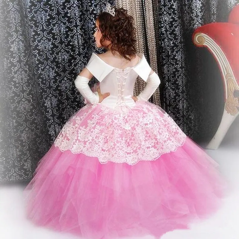 

Pink Flower Girl Dresses Princess Soft Tulle White Puffy Lace Applique Girls Pageant Dress First Holy Communion Party Dresses