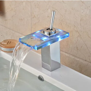 LED Glass Chrome Waterfall Bathroom Basin Faucet Deck Mounted Sink Mixer Tap Hot & Cold Mixer Tap