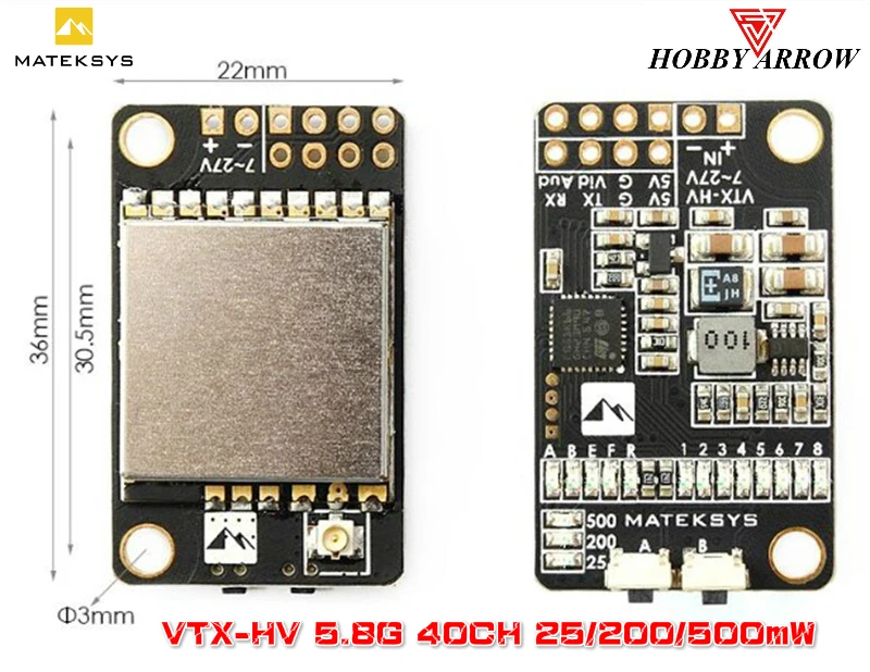 Matek Systems VTX-HV 5.8G 40CH 25/200/500mW adjustable Video Transmitter 5V/1A BEC for RC Multirotor FPV Racing Drone Stack
Matek Systems VTX-HV 5.8G 40CH 25/200/500mW adjustable Video Transmitter 5V/1A BEC for RC Multirotor FPV Racing Drone Stack