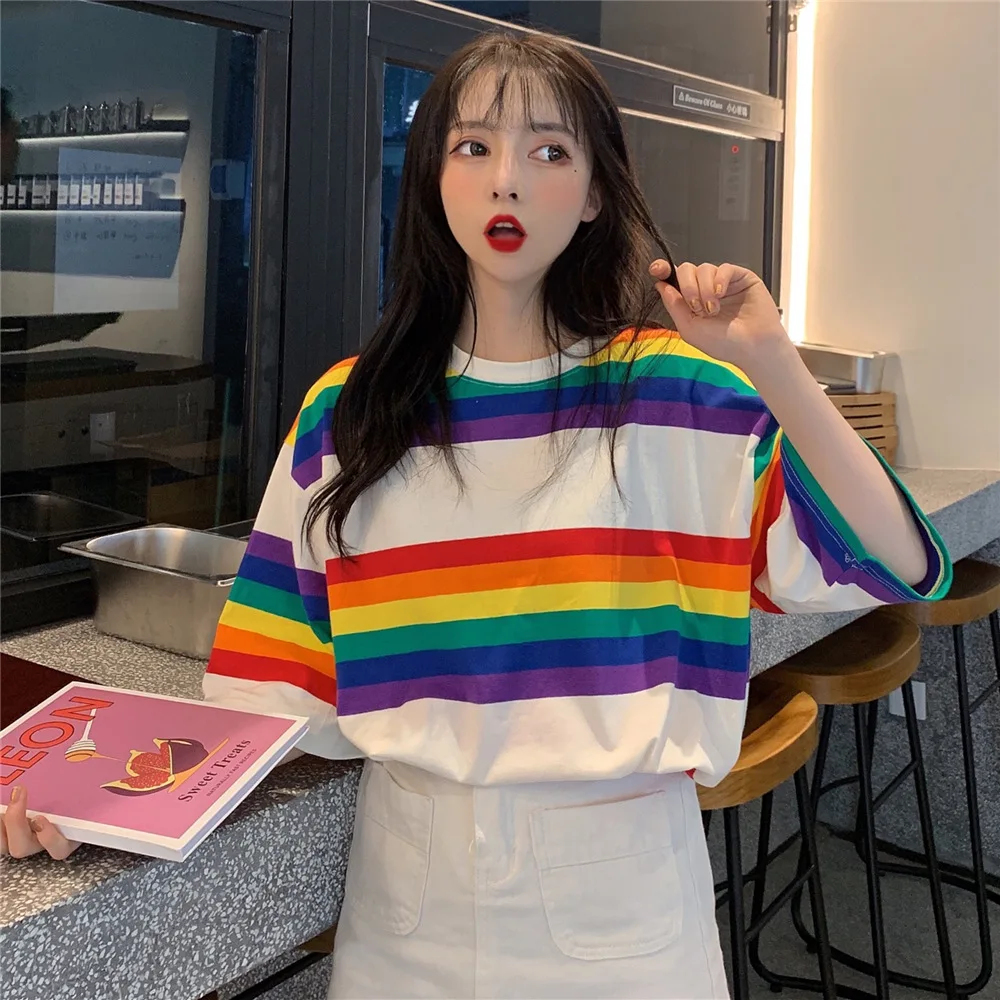 Women's T-shirts harajuku Ladies Students Summer New Tide Loose Colorful Striped Tops Tee Female Korean Kawaii Clothes for Girls
Women's T-shirts harajuku Ladies Students Summer New Tide Loose Colorful Striped Tops Tee Female Korean Kawaii Clothes for Girls