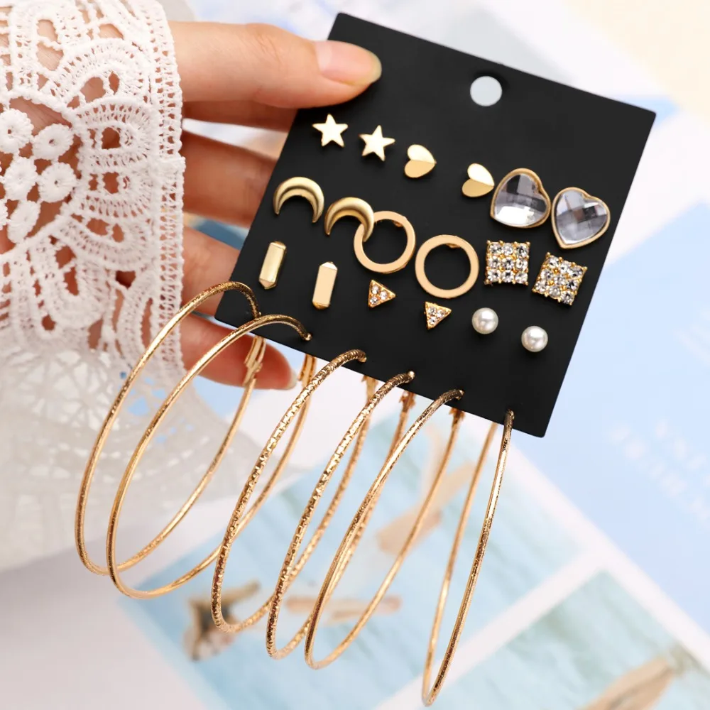 Ladies Punk Earrings Fashion Jewelry Geometric Crystal Heart Triangle Star Moon Big Round Circle Earrings Set Brincos
Ladies Punk Earrings Fashion Jewelry Geometric Crystal Heart Triangle Star Moon Big Round Circle Earrings Set Brincos