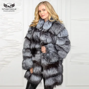 Tatyna Furclub Winter Outwear Warm Real Silver Fox Fur Coat 80cm Women Fur Collar Natural Fur Coats Women's Genuine Fur Jacket