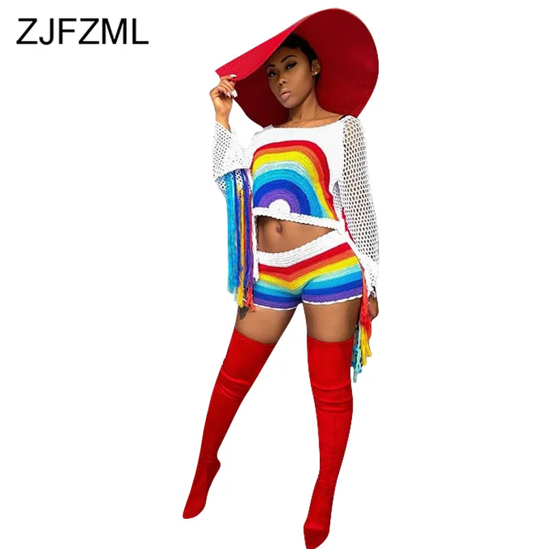 Sexy 2 Piece Matching Sets Summer Clothes For Women Rainbow Striped Tassels Spliced Crop Top +Biker Short Summer Boho Beach Suit 
Sexy 2 Piece Matching Sets Summer Clothes For Women Rainbow Striped Tassels Spliced Crop Top +Biker Short Summer Boho Beach Suit