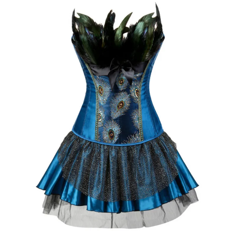 

Blue/Black Gothic Burlesque Feathers Peacock Embroidery Overbust Corset Bustier Body Shaper Corselet Halloween Costume Plus Size