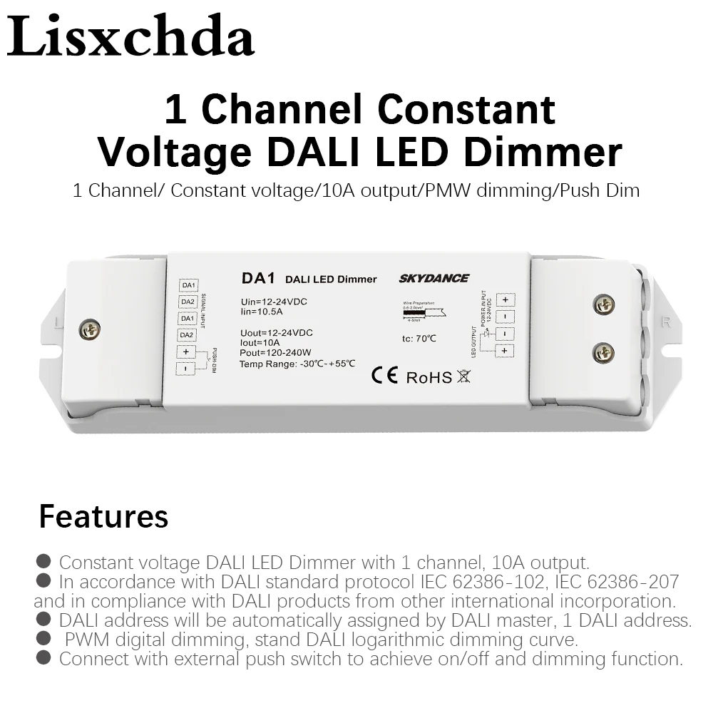 

DA1 1 Channel Constant Voltage DALI LED Dimmer 15A output PMW dimming Push Dim Multiple protection DC 12V -24V LED controller