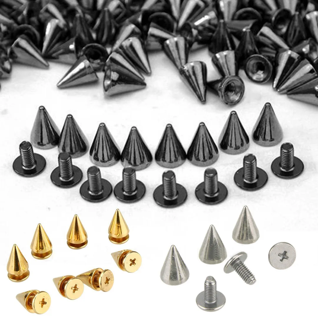100pcs 10mm Round Spots Spikes Cone Studs Metal Rivet Bullet Screw For DIY Leathercraft Silver/Black Silver/Golden