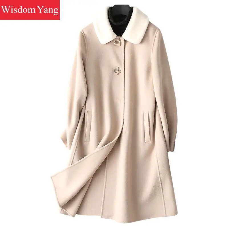 

Winter Beige Coat Turndown Xlong Sheep Wool 2018 Coats Slim Women Wide Waisted Oversize Office Lady Woolen Overcoat Outerwear