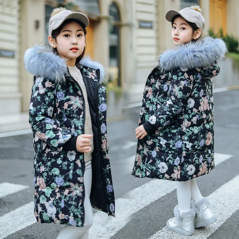 Princess Floral Print with Fur Girls Winter Coat Goose Feather Kids Warm Jackets Hooded Thicken Long Parkas Child Winter Clothes 
Princess Floral Print with Fur Girls Winter Coat Goose Feather Kids Warm Jackets Hooded Thicken Long Parkas Child Winter Clothes