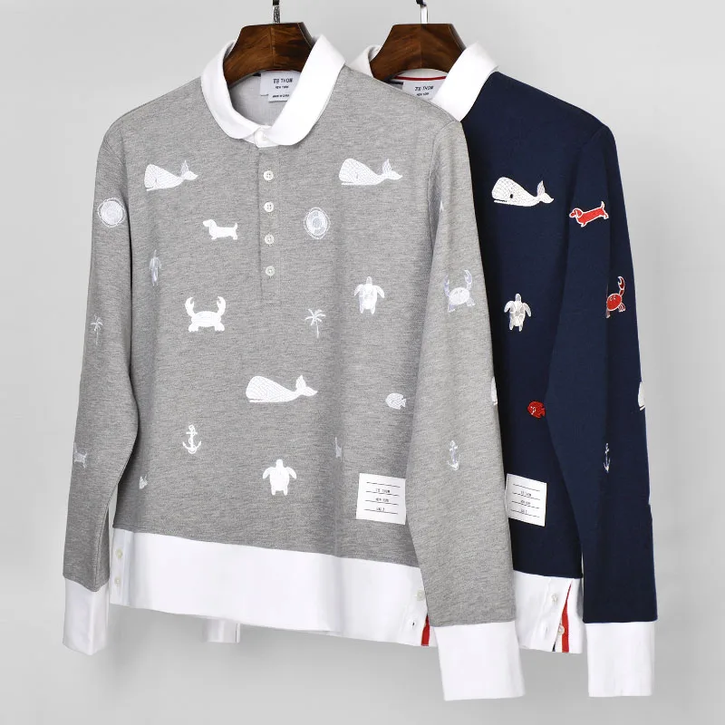 2019 Fashion TB THOM Brand T-shirt Turn-down Collar Patchwork Long-Sleeve T-shirt Men Cotton Whale Embroidery INS Style Clothing
2019 Fashion TB THOM Brand T-shirt Turn-down Collar Patchwork Long-Sleeve T-shirt Men Cotton Whale Embroidery INS Style Clothing
