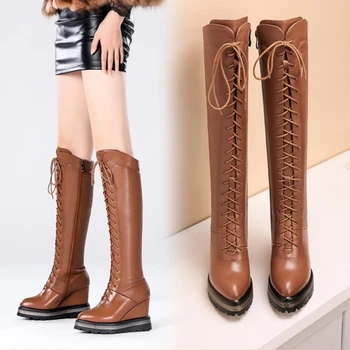fanyuan Women genuine +pu leather long boots Autumn winter Wedge Platform lace up High heel knee high boots botas botines mujer
fanyuan Women genuine +pu leather long boots Autumn winter Wedge Platform lace up High heel knee high boots botas botines mujer
