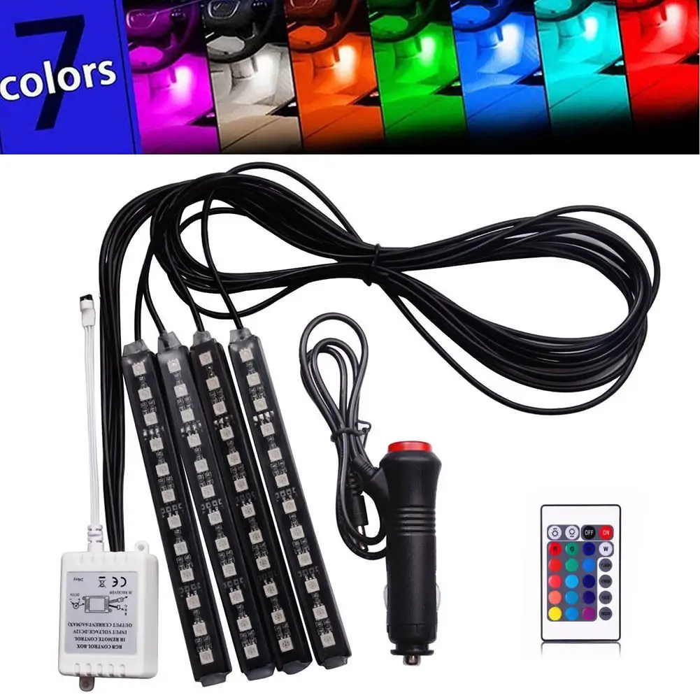 RGB 4pcs/set 12LED Car Interior Atmosphere Neon Light Strip Wireless Remote Control