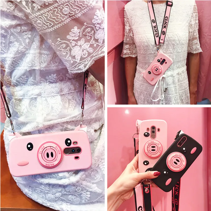 

For huawei P20 pro mate 10 pro honor 10 9 nova 3 case cover cute 3d camera pig with shoulder strap soft silicon phone bag shell
